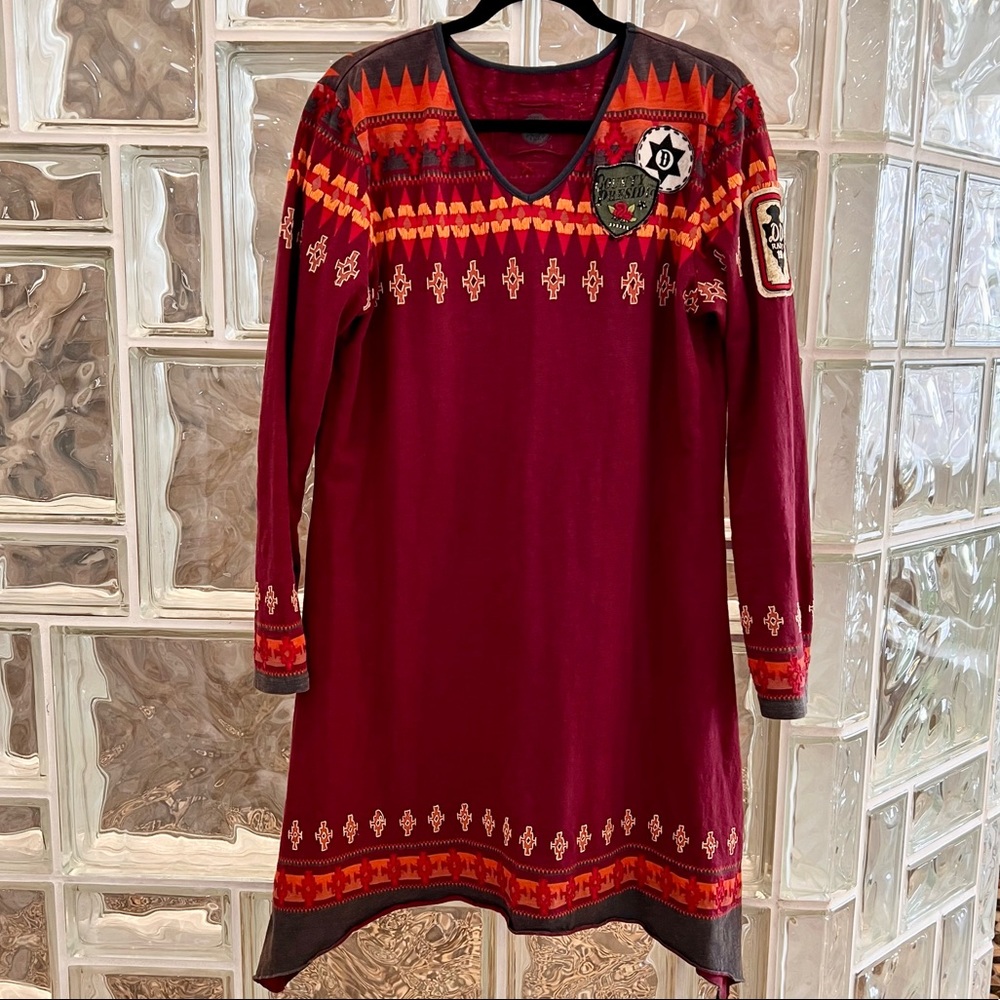 Double D Ranch Embroidered Patch Cotton Knit Dress Long Sleeve Southwest Sz L